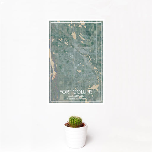 12x18 Fort Collins Colorado Map Print Portrait Orientation in Afternoon Style With Small Cactus Plant in White Planter