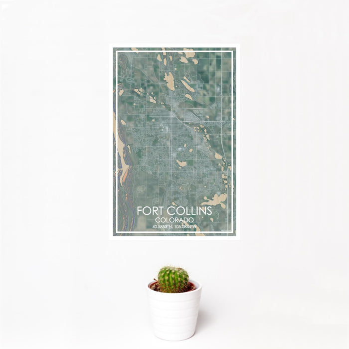 12x18 Fort Collins Colorado Map Print Portrait Orientation in Afternoon Style With Small Cactus Plant in White Planter