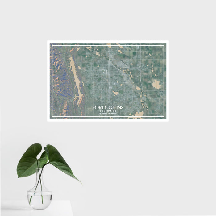 16x24 Fort Collins Colorado Map Print Landscape Orientation in Afternoon Style With Tropical Plant Leaves in Water