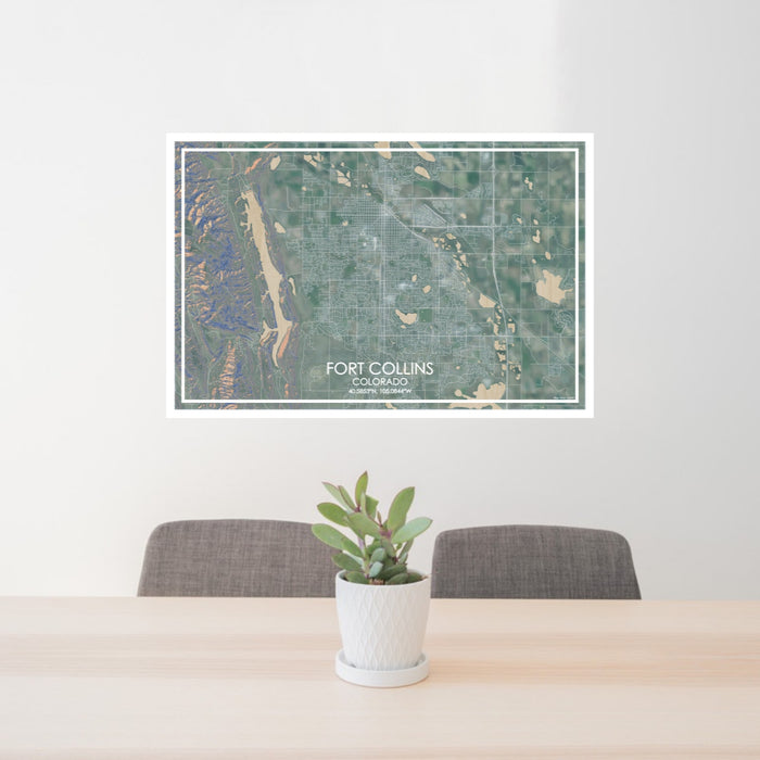 24x36 Fort Collins Colorado Map Print Lanscape Orientation in Afternoon Style Behind 2 Chairs Table and Potted Plant