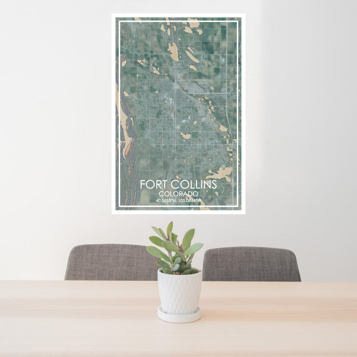 24x36 Fort Collins Colorado Map Print Portrait Orientation in Afternoon Style Behind 2 Chairs Table and Potted Plant