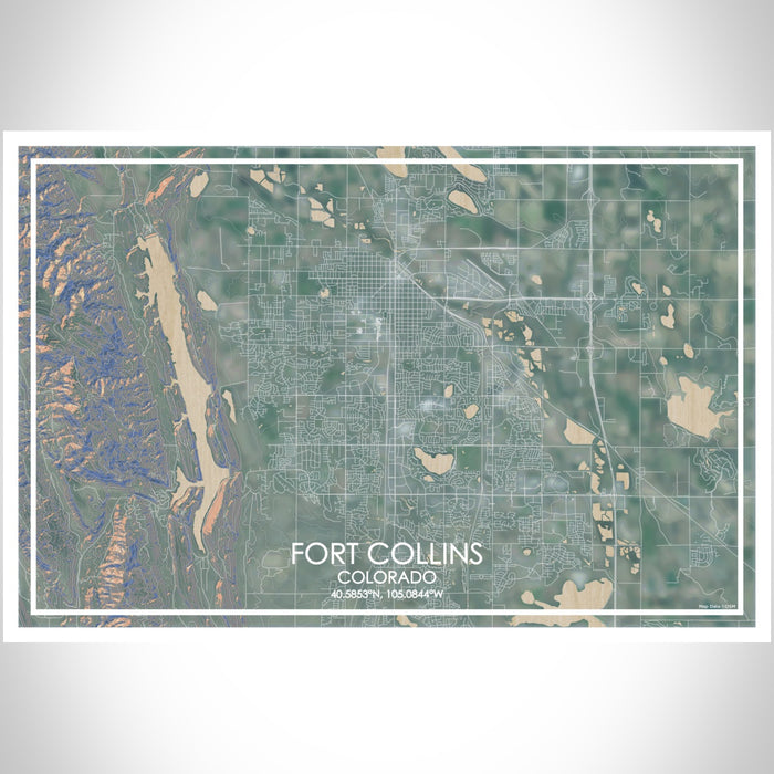 Fort Collins Colorado Map Print Landscape Orientation in Afternoon Style With Shaded Background