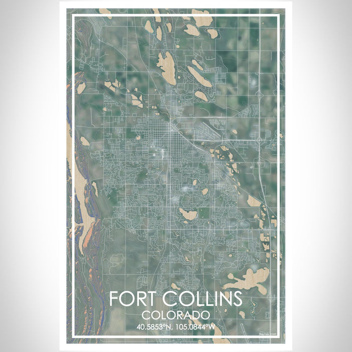 Fort Collins Colorado Map Print Portrait Orientation in Afternoon Style With Shaded Background