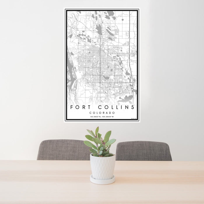 24x36 Fort Collins Colorado Map Print Portrait Orientation in Classic Style Behind 2 Chairs Table and Potted Plant