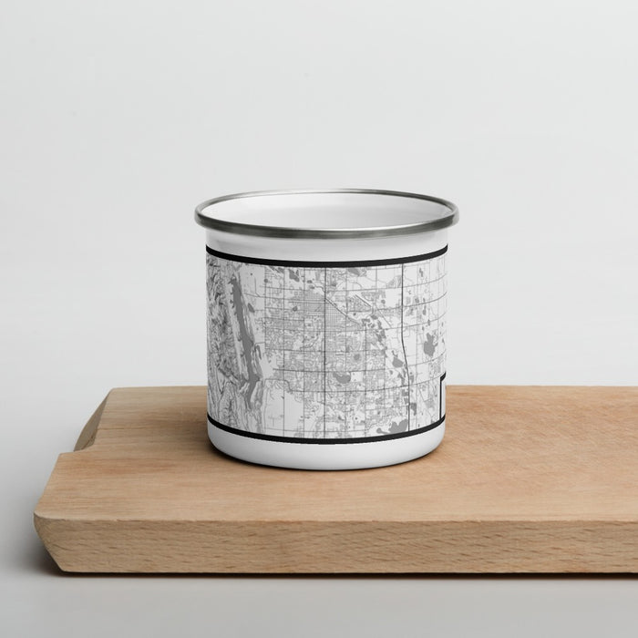 Front View Custom Fort Collins Colorado Map Enamel Mug in Classic on Cutting Board