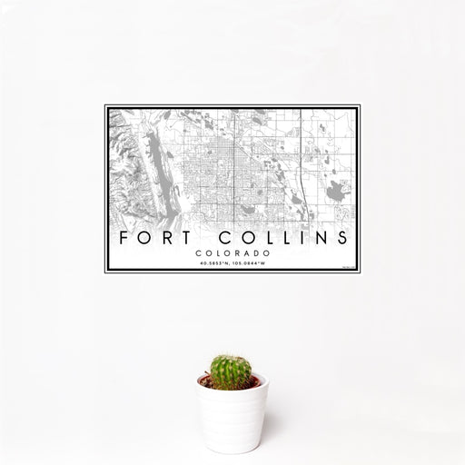 12x18 Fort Collins Colorado Map Print Landscape Orientation in Classic Style With Small Cactus Plant in White Planter