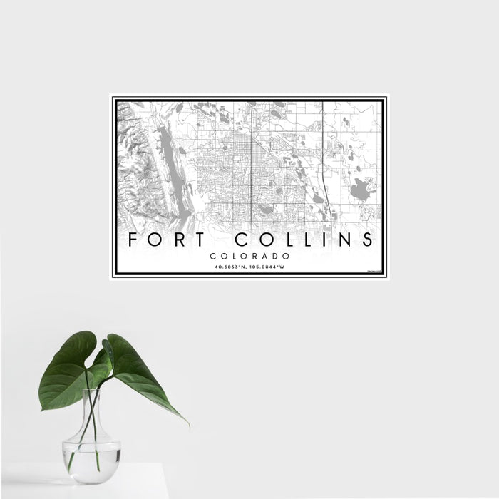 16x24 Fort Collins Colorado Map Print Landscape Orientation in Classic Style With Tropical Plant Leaves in Water