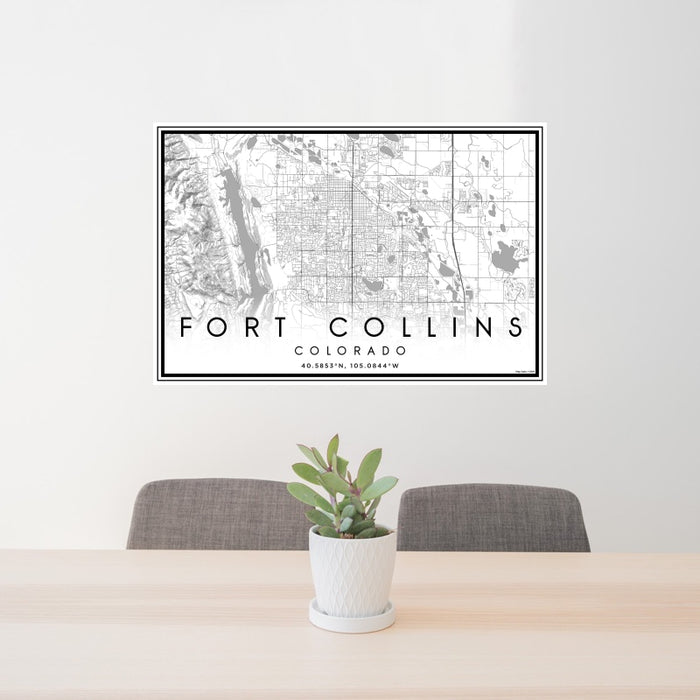 24x36 Fort Collins Colorado Map Print Landscape Orientation in Classic Style Behind 2 Chairs Table and Potted Plant