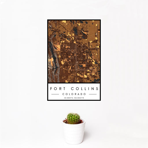 12x18 Fort Collins Colorado Map Print Portrait Orientation in Ember Style With Small Cactus Plant in White Planter