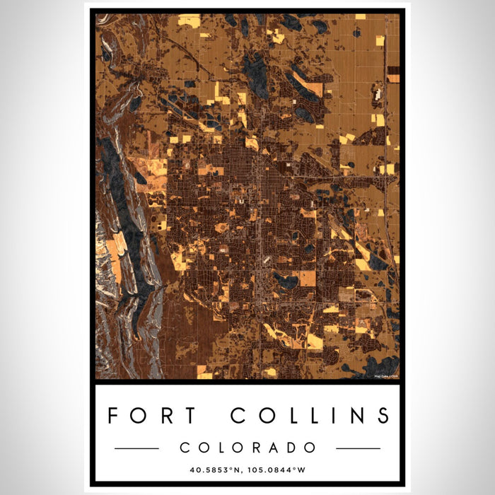 Fort Collins Colorado Map Print Portrait Orientation in Ember Style With Shaded Background
