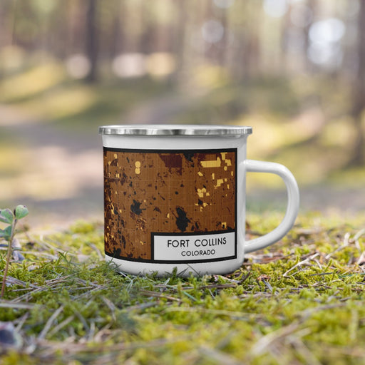 Right View Custom Fort Collins Colorado Map Enamel Mug in Ember on Grass With Trees in Background
