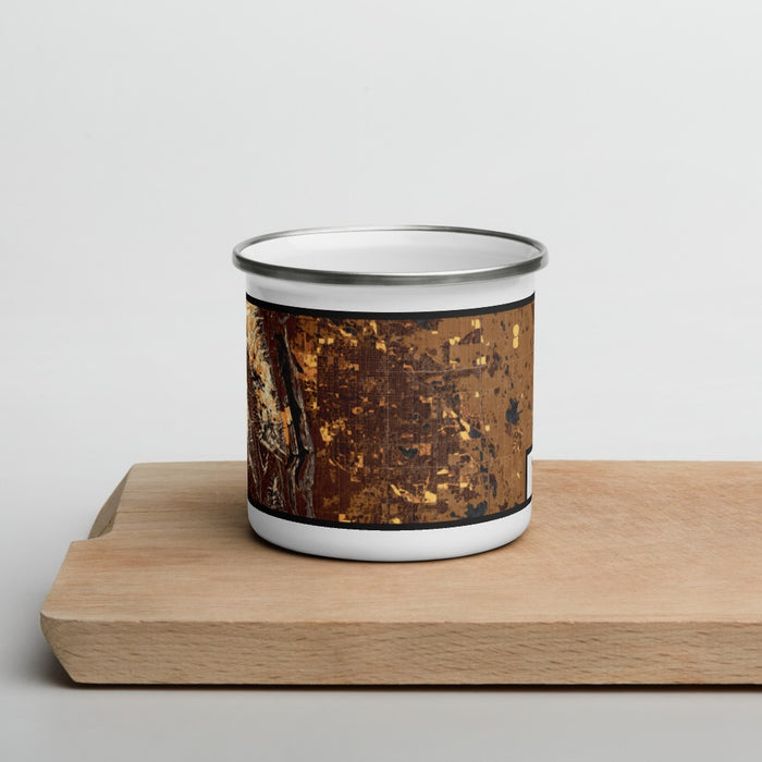 Front View Custom Fort Collins Colorado Map Enamel Mug in Ember on Cutting Board