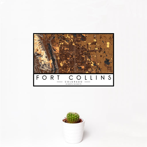 12x18 Fort Collins Colorado Map Print Landscape Orientation in Ember Style With Small Cactus Plant in White Planter