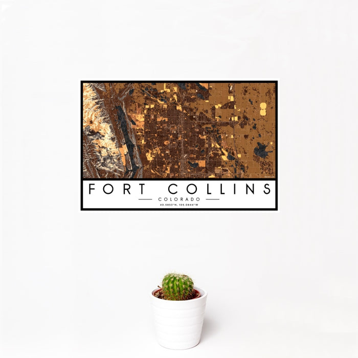 12x18 Fort Collins Colorado Map Print Landscape Orientation in Ember Style With Small Cactus Plant in White Planter