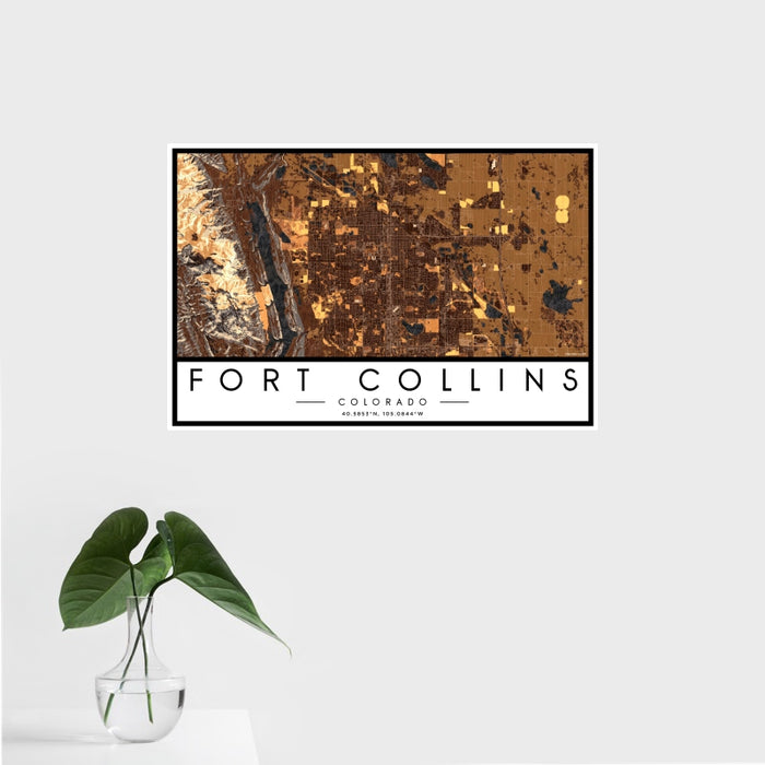 16x24 Fort Collins Colorado Map Print Landscape Orientation in Ember Style With Tropical Plant Leaves in Water