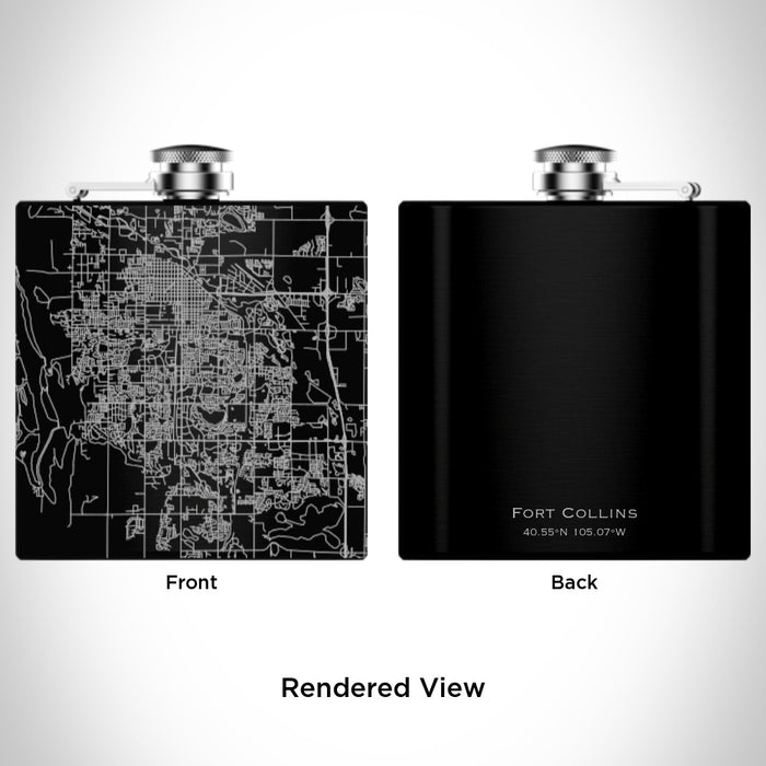 Rendered View of Fort Collins Colorado Map Engraving on 6oz Stainless Steel Flask in Black