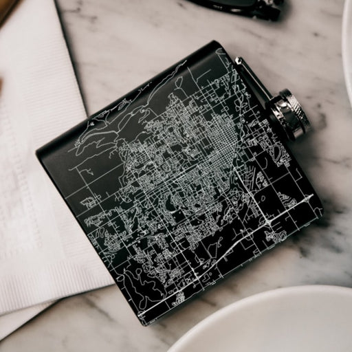 Fort Collins Colorado Custom Engraved City Map Inscription Coordinates on 6oz Stainless Steel Flask in Black
