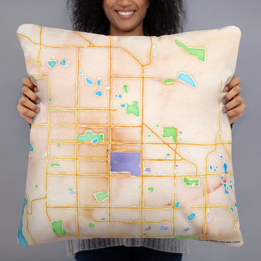 Person holding 22x22 Custom Fort Collins Colorado Map Throw Pillow in Watercolor