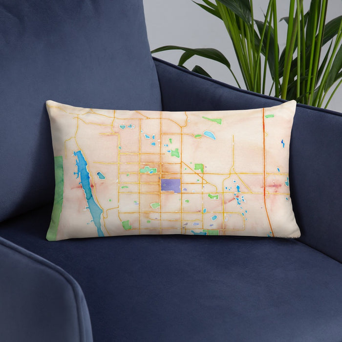 Custom Fort Collins Colorado Map Throw Pillow in Watercolor on Blue Colored Chair