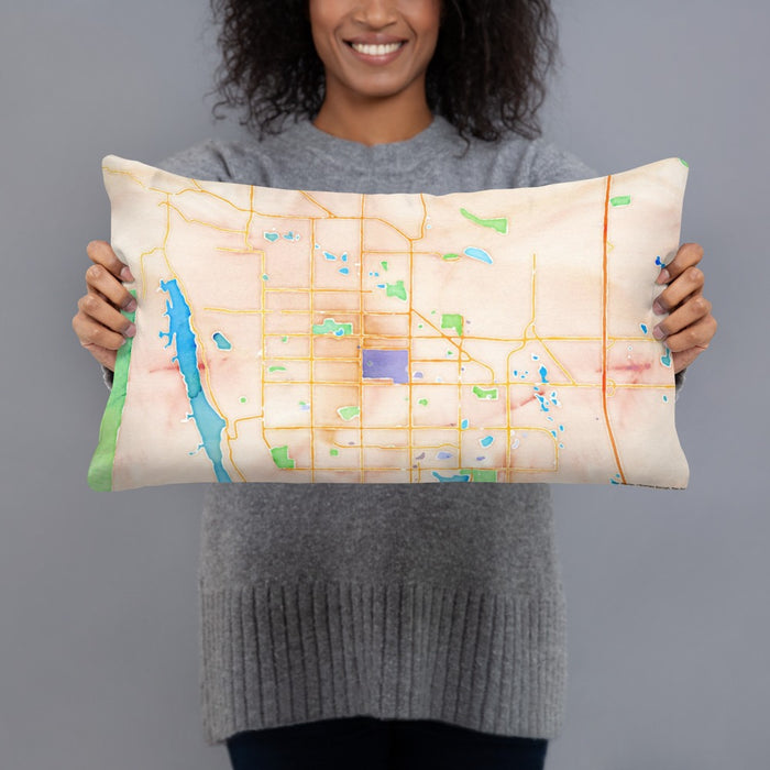 Person holding 20x12 Custom Fort Collins Colorado Map Throw Pillow in Watercolor