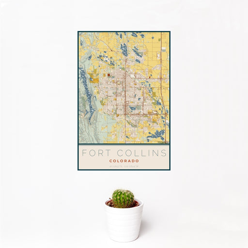 12x18 Fort Collins Colorado Map Print Portrait Orientation in Woodblock Style With Small Cactus Plant in White Planter