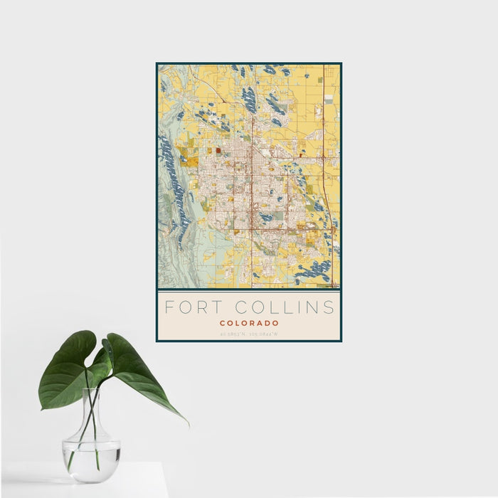 16x24 Fort Collins Colorado Map Print Portrait Orientation in Woodblock Style With Tropical Plant Leaves in Water