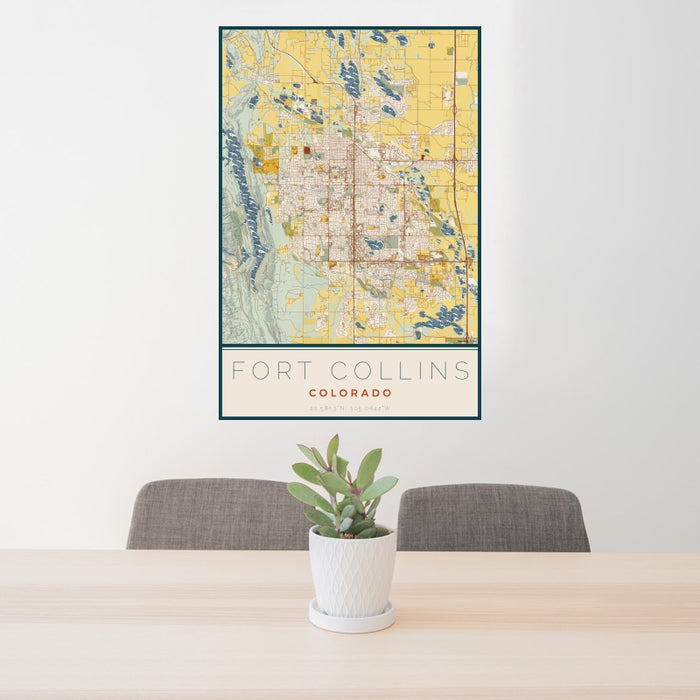 24x36 Fort Collins Colorado Map Print Portrait Orientation in Woodblock Style Behind 2 Chairs Table and Potted Plant