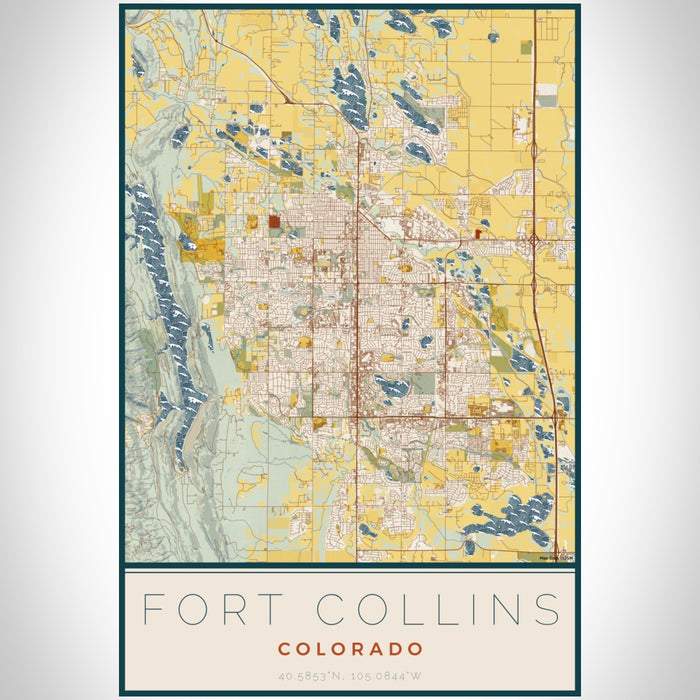 Fort Collins Colorado Map Print Portrait Orientation in Woodblock Style With Shaded Background