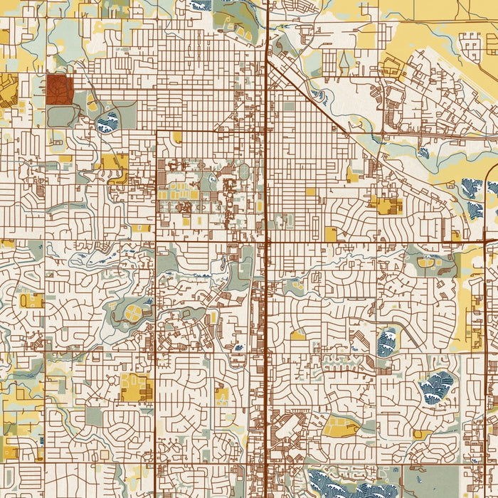 Fort Collins Colorado Map Print in Woodblock Style Zoomed In Close Up Showing Details