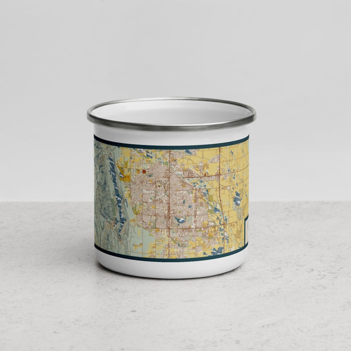 Front View Custom Fort Collins Colorado Map Enamel Mug in Woodblock