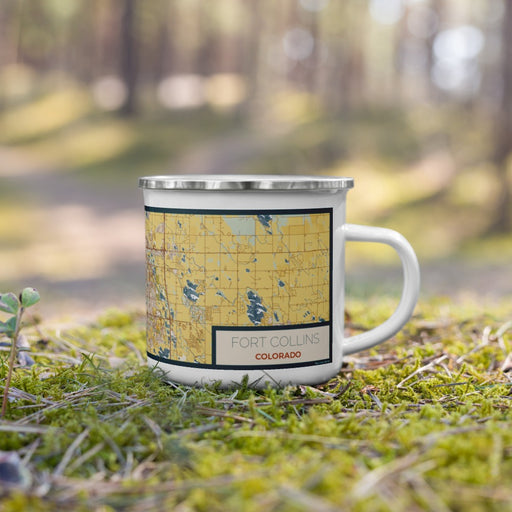 Right View Custom Fort Collins Colorado Map Enamel Mug in Woodblock on Grass With Trees in Background