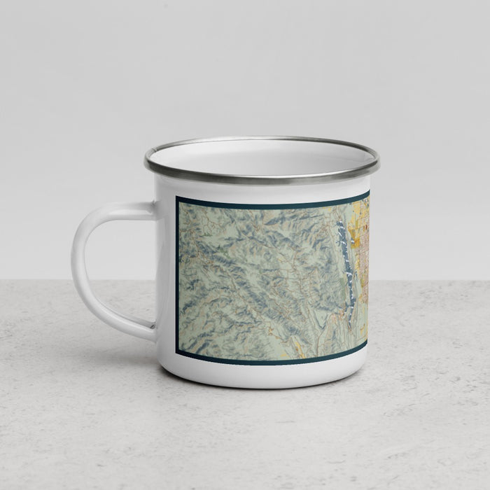 Left View Custom Fort Collins Colorado Map Enamel Mug in Woodblock