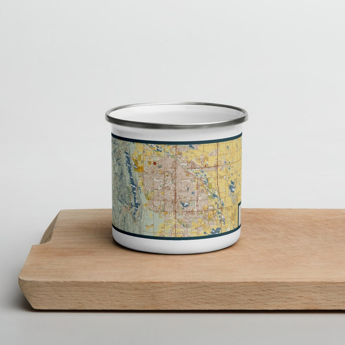 Front View Custom Fort Collins Colorado Map Enamel Mug in Woodblock on Cutting Board