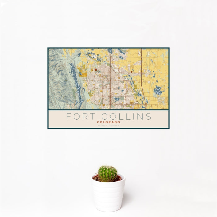 12x18 Fort Collins Colorado Map Print Landscape Orientation in Woodblock Style With Small Cactus Plant in White Planter