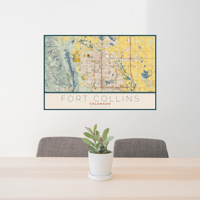 24x36 Fort Collins Colorado Map Print Landscape Orientation in Woodblock Style Behind 2 Chairs Table and Potted Plant
