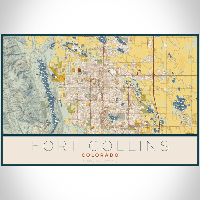 Fort Collins Colorado Map Print Landscape Orientation in Woodblock Style With Shaded Background
