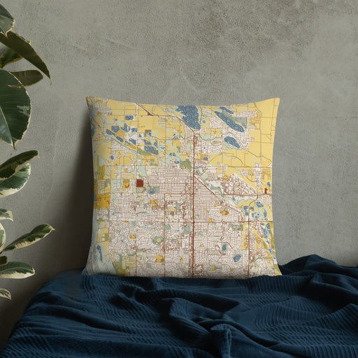 Custom Fort Collins Colorado Map Throw Pillow in Woodblock on Bedding Against Wall