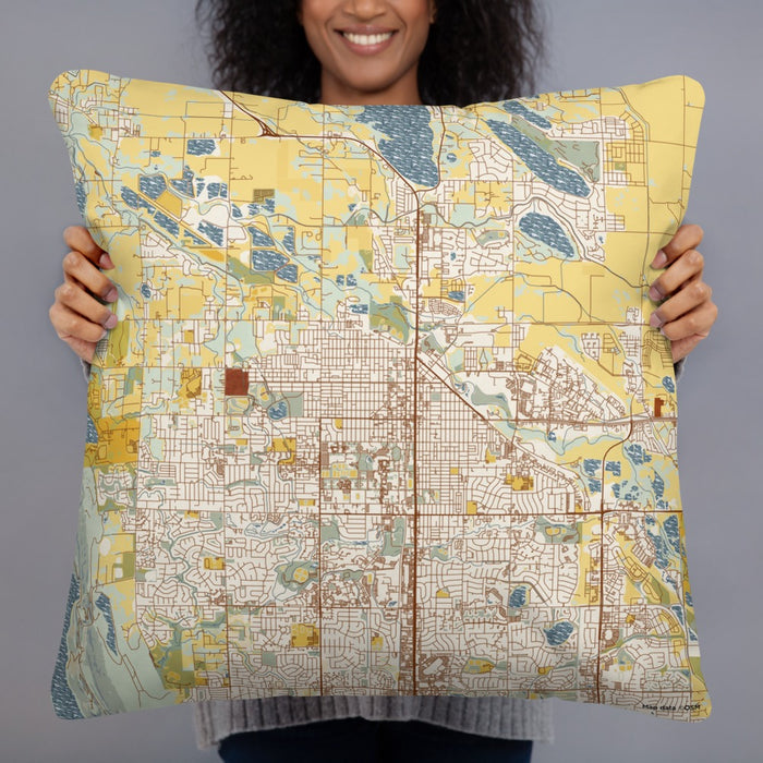 Person holding 22x22 Custom Fort Collins Colorado Map Throw Pillow in Woodblock