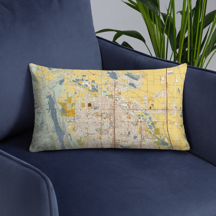 Custom Fort Collins Colorado Map Throw Pillow in Woodblock on Blue Colored Chair