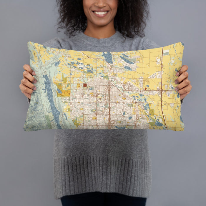 Person holding 20x12 Custom Fort Collins Colorado Map Throw Pillow in Woodblock