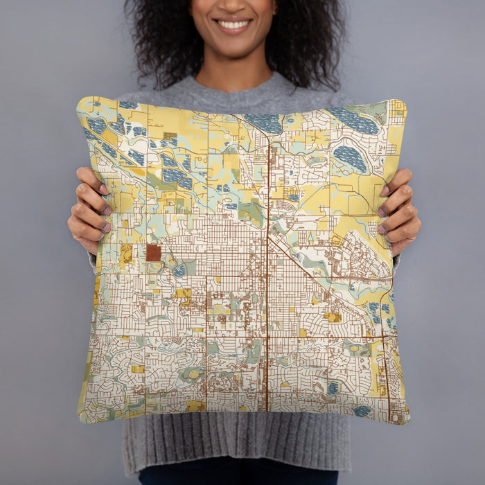 Person holding 18x18 Custom Fort Collins Colorado Map Throw Pillow in Woodblock