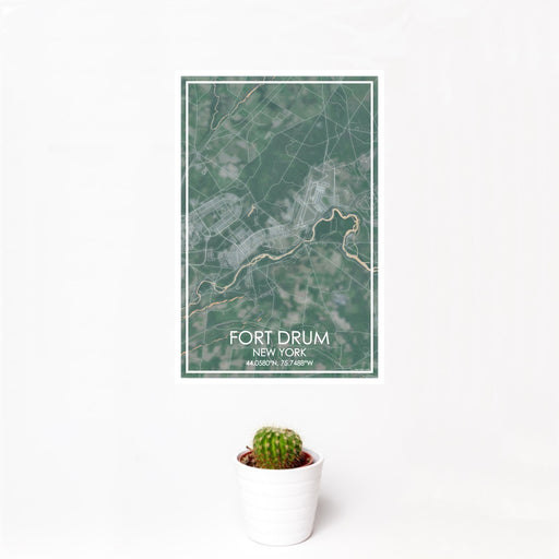 12x18 Fort Drum New York Map Print Portrait Orientation in Afternoon Style With Small Cactus Plant in White Planter