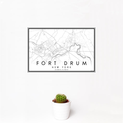 12x18 Fort Drum New York Map Print Landscape Orientation in Classic Style With Small Cactus Plant in White Planter