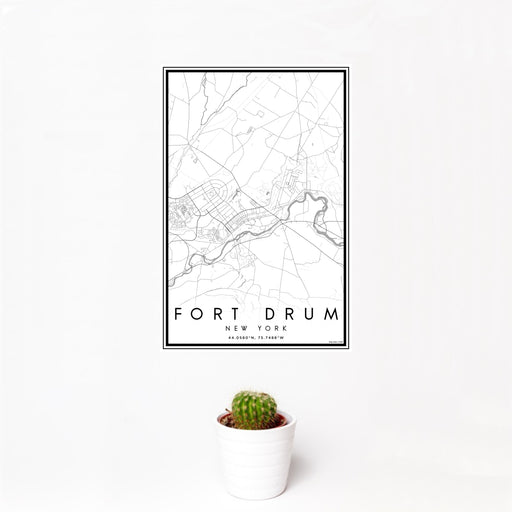 12x18 Fort Drum New York Map Print Portrait Orientation in Classic Style With Small Cactus Plant in White Planter