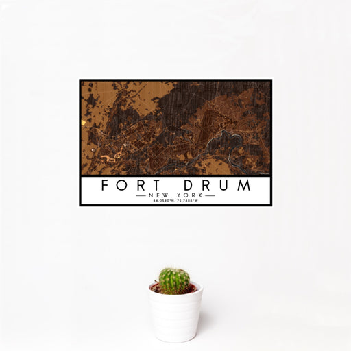 12x18 Fort Drum New York Map Print Landscape Orientation in Ember Style With Small Cactus Plant in White Planter