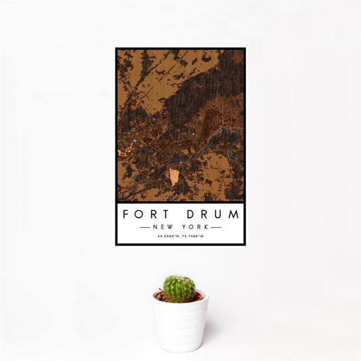 12x18 Fort Drum New York Map Print Portrait Orientation in Ember Style With Small Cactus Plant in White Planter
