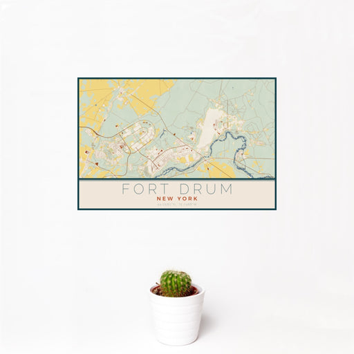 12x18 Fort Drum New York Map Print Landscape Orientation in Woodblock Style With Small Cactus Plant in White Planter