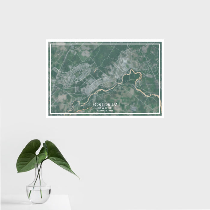 16x24 Fort Drum New York Map Print Landscape Orientation in Afternoon Style With Tropical Plant Leaves in Water