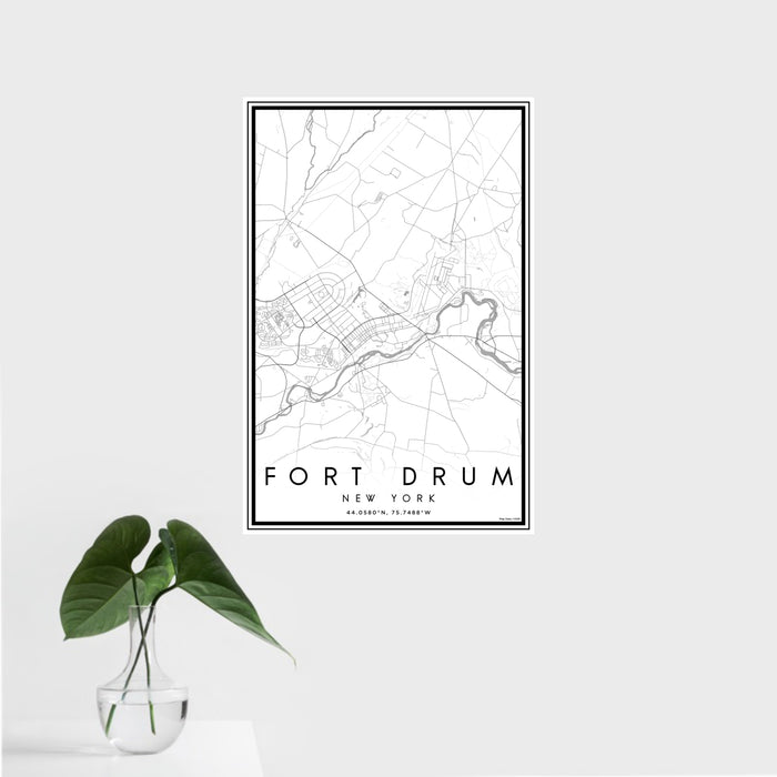 16x24 Fort Drum New York Map Print Portrait Orientation in Classic Style With Tropical Plant Leaves in Water