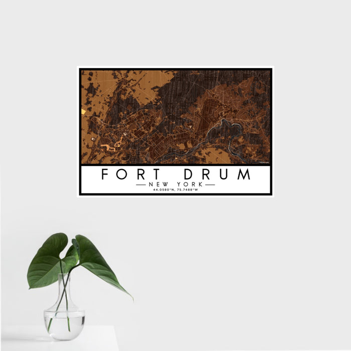16x24 Fort Drum New York Map Print Landscape Orientation in Ember Style With Tropical Plant Leaves in Water